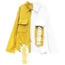 Veste oversize bicolore pour femmes avec col chemise Fermeture à boutons Poches poitrine à rabat Patchs avec inscription 4