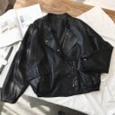 Veste oversize pour femme en simili cuir noire Col montant avec patte Fermeture éclair et boutons-pression Deux poches à rabat Épaules tombantes 2