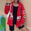 Veste oversize pour femmes style course Rouge Imprimé et écussons sur le devant et les manches Col montant avec bouton pression Manches élastiques 4