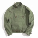 Veste verte pour homme avec fermeture asymétrique à boutons et passants, col haut et ceinture à boucle à la taille, coupe courte 1