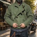 Veste verte pour homme avec fermeture asymétrique à boutons et passants, col haut et ceinture à boucle à la taille, coupe courte 5