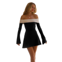 Vestido curto com ombros à mostra e mangas longas e largas Corte elegante com decote largo 3