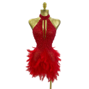 Vestido curto feminino com pedras, pérolas e penas sem alças com decote halter para bailes, festas e eventos sociais à noite 2