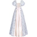 Vestido de baile vitoriano feminino com cintura alta e mangas bufantes com padrão floral para eventos de fantasia e sessões fotográficas em bege com azul claro 2