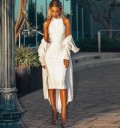 Vestido de bandagem para senhora com gola alta e ombros descobertos Corte justo abaixo do joelho Tecido elástico de poliéster 6