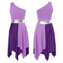 Vestido de dança para meninas com corte assimétrico e um ombro, saia de bolso com bordas em ponta, poliéster e elastano, para dança 3