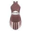 Vestido de dança para meninas com gola halter, strass e saia de rede assimétrica, fato em poliéster com elastano, para dança 10