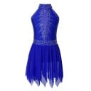 Vestido de dança para meninas com pedras brilhantes e saia assimétrica em poliéster e elastano para atuações e dança 3
