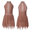 Vestido de dança para meninas com pedras brilhantes e saia assimétrica em poliéster e elastano para atuações e dança 4