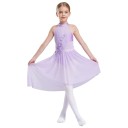 Vestido de dança para raparigas com saia assimétrica, aplicação de flores 3D e gola com brilhantes, traje lírico para coreografias de competição 7
