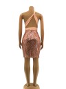 Vestido de festa feminino até ao joelho Corpete pêssego com decote assimétrico Saia justa com lantejoulas Costas nuas Tecido elástico 3