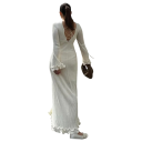 Vestido de malha branco com mangas longas Vestido longo canelado com atilhos nas costas Elegantes bordas em folhos Vestido maxi com decote 3