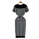 Vestido de malha canelada de manga curta Corte justo Padrão riscado Confortável para o dia a dia Vestido de trabalho elegante 3