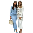 Vestido de malha canelada elegante com botões dourados Decote em V Mangas longas Detalhe de folhos Vestido de malha social para outono e primavera 2