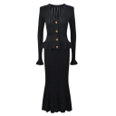 Vestido de malha canelada elegante com botões dourados Decote em V Mangas longas Detalhe de folhos Vestido de malha social para outono 2