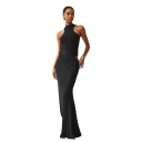 Vestido de noche largo de satén con cuello alto y caderas al descubierto Top de cuerpo Corte entallado Elegante vestido marrón de tirantes 4