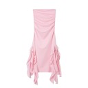 Vestido de noche largo sin tirantes con volante asimétrico en el bajo y aberturas altas. Elegante vestido formal ajustado. 7 Vestido de noche largo sin tirantes con volante asimétrico en el bajo y aberturas altas. Elegante vestido formal ajustado. 7