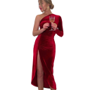 Vestido de noite em veludo elegante com corte assimétrico, uma manga longa, justo com fenda 1