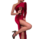 Vestido de noite em veludo elegante com corte assimétrico, uma manga longa, justo com fenda 2