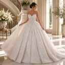 Vestido de noiva princesa brilhante sem mangas com decote em coração e corpete com lantejoulas e cauda branca 5