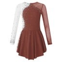 Vestido de patinagem artística para meninas com mangas longas e strass, fato de dança bicolor em malha e poliéster para competições e treinos 4