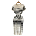 Vestido de punto acanalado con mangas cortas Elegante corte entallado Estampado de rayas Cómodo para usar a diario Vestido de moda 1
