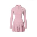 Vestido de ténis feminino com mangas longas, gola alta, fecho à frente e calções incorporados, vestido desportivo para ténis e atividades 3