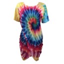 Vestido de verão feminino com impressão colorida Bainha assimétrica Bainha drapeada na lateral Decote redondo Manga curta Poliéster com spandex 5
