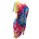 Vestido de verão feminino com impressão colorida Bainha assimétrica Bainha drapeada na lateral Decote redondo Manga curta Poliéster com spandex 6