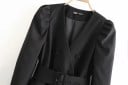 Vestido elegante negro para mujer con cinturón Cierre de doble botonadura Escote en V Mangas largas ligeramente fruncidas Poliéster y algodón 5