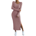 Vestido largo de mujer de punto acanalado con abertura. Corte entallado y manga larga. Vestido elegante y cómodo con escote redondo. 1