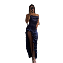 Vestido largo de satén con abertura profunda Bajo fruncido Escote en V Corte de satén caído Espalda abierta Elegante vestido de noche 1
