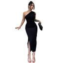 Vestido largo elegante con tirantes asimétricos, corte ajustado, fruncido en la cintura, abertura alta, largo hasta la rodilla, vestido 3
