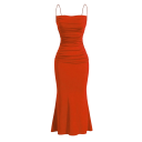 Vestido largo formal con tirantes finos, cuerpo plisado, material elástico, bajo acampanado, corte entallado, estilo elegante. 5