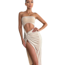 Vestido largo sin tirantes de lujo Material brillante Recorte en el estómago Elegante nudo en el lateral Abertura alta Vestido de mujer para fiesta de graduación de noche 2