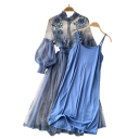 Vestido longo azul com corpete de renda bordada e mangas de tule Conjunto elegante de duas peças com camada inferior lisa até à metade da panturrilha 2