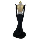 Vestido longo brilhante de luxo para senhora com rede transparente e mangas longas decorado com pedras e pérolas para baile e eventos noturnos 4