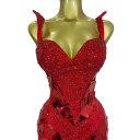 Vestido longo brilhante feminino com lantejoulas espelhadas e alças com corte justo para bailes e eventos sociais à noite vermelho 3