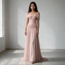 Vestido longo de festa e de noite para senhora com ombros à mostra e corpete com bordado floral e pérolas, com saia fluida rosa 3