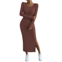 Vestido longo de malha canelada para senhora com fenda Corte justo com mangas longas Vestido elegante e confortável com decote redondo 3