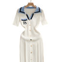 Vestido longo de malha com bordado e botões Vestido elegante com colarinho em V e mangas curtas para uso diário e ocasiões sociais 4