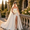 Vestido longo de noiva sem alças com decote drapeado e fenda na perna com saia volumosa na cor ivory para cerimónia e recepção 4