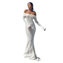 Vestido longo de renda off-shoulder com mangas longas e corte de corpete design elegante transparente com padrão delicado corte justo e saia solta 2