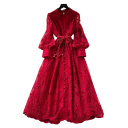 Vestido longo de renda para senhora com decote em V e mangas longas franzidas com botões e cinto para uso social e diário 3
