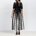 Vestido longo elegante feminino com mangas curtas Padrão preto e branco com bolinhas Corpete justo e saia ampla Algodão com elastano 3