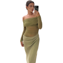 Vestido longo elegante justo com ombros à mostra e mangas transparentes Efeito de franzido estiloso na cintura Conjunto formal 7