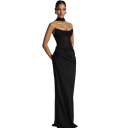 Vestido longo elegante para senhora com decote profundo e ombros à mostra, com luvas e echarpe para bailes e eventos sociais noturnos 3