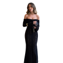 Vestido longo preto rendado com ombros à mostra e mangas longas Vestido transparente em estilo romântico com cordão e mangas largas Design elegante 3