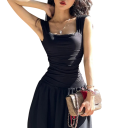 Vestido maxi preto longo com corpete franzido Vestido com alças largas Saia leve e arejada Vestido de verão elegante para passeios noites férias 3