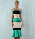 Vestido midi bandage feminino com ombros caídos e renda Listras em combinação de turquesa com preto e pó de arroz Poliéster elástico com spandex 2